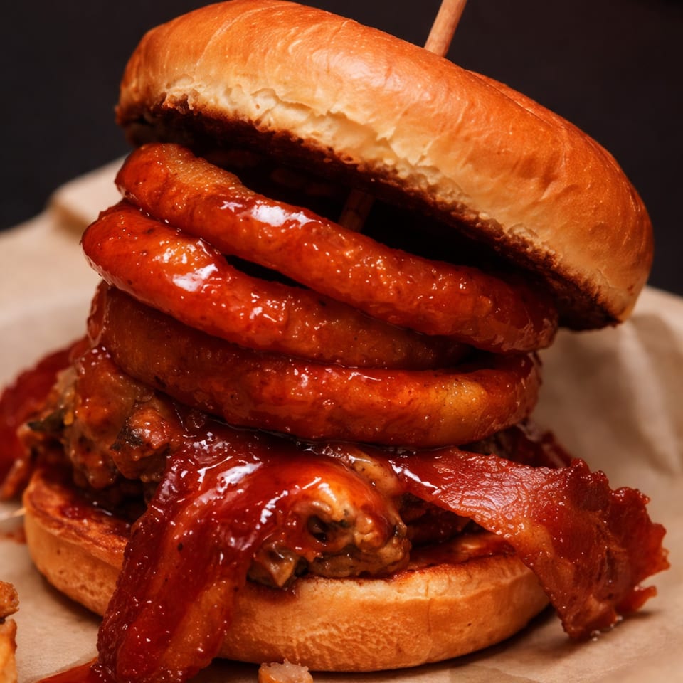 Close-up of a burger with onion rings, bacon, and barbecue sauce on a bun.