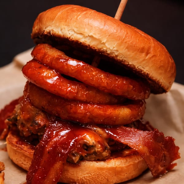 Close-up of a burger with onion rings, bacon, and barbecue sauce on a bun.