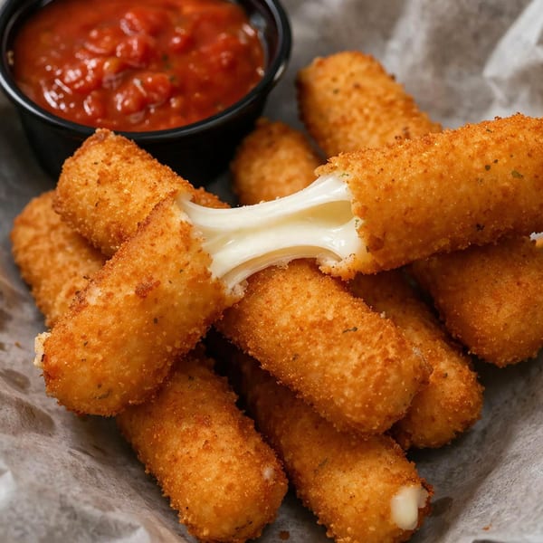 Golden-brown mozzarella sticks with melted cheese stretching, served with a side of marinara sauce.