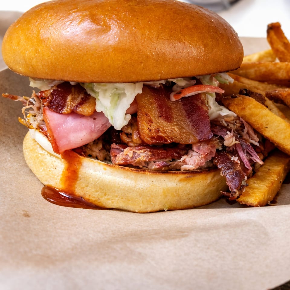 Close-up of a BBQ sandwich with pulled pork, bacon, ham, coleslaw, and fries on brown paper.