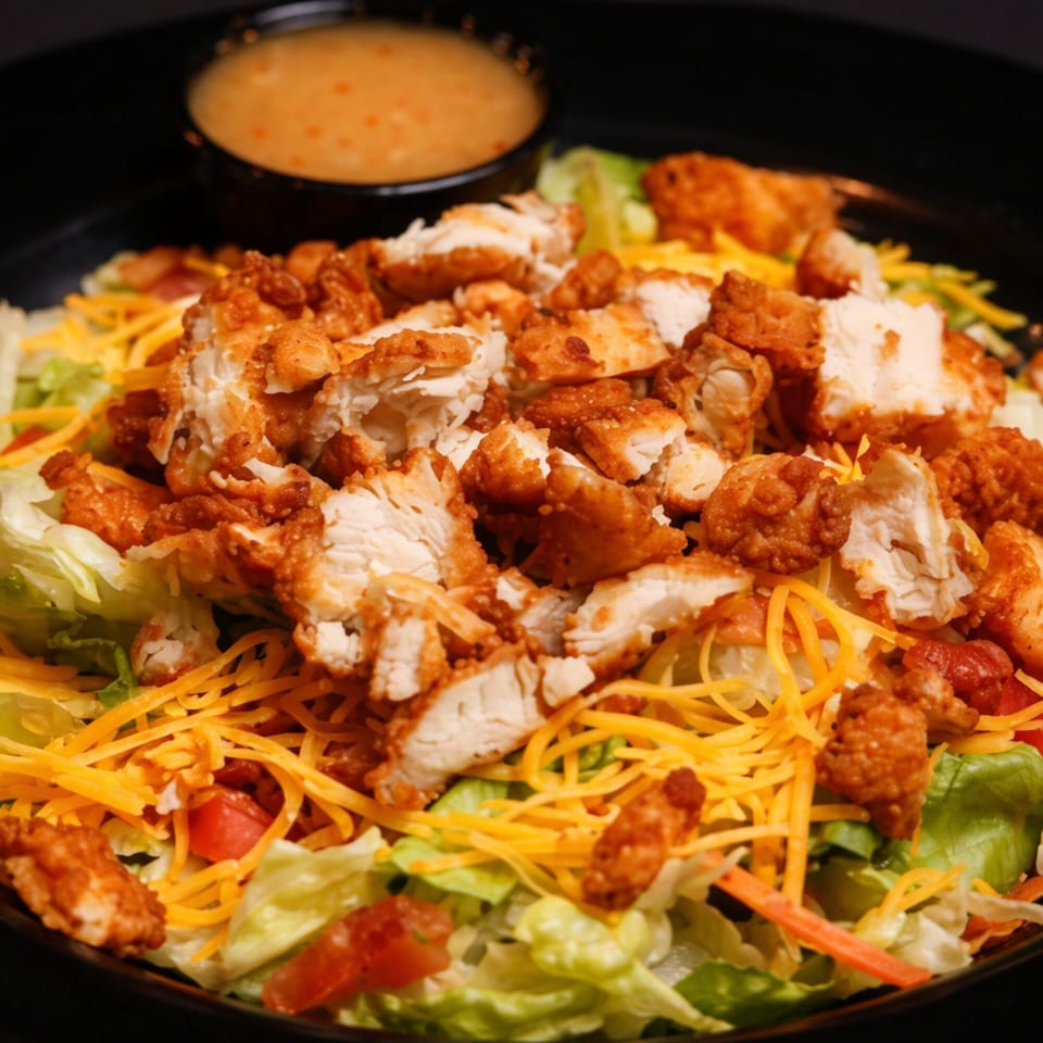 Crispy fried chicken salad with shredded cheese, lettuce, tomatoes, and a side of dressing.